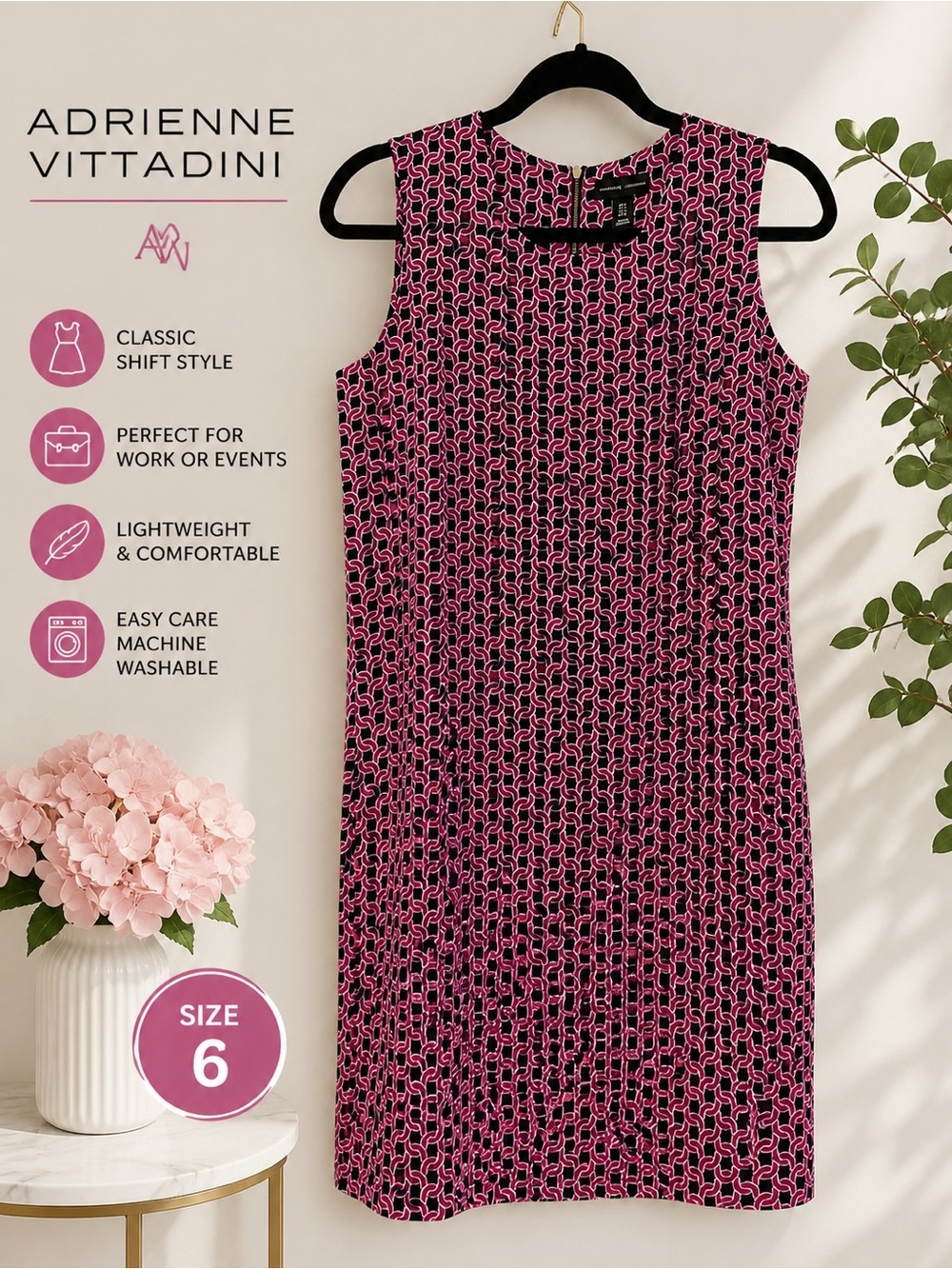 Adrienne Vittadini Pink Geometric Shift Dress Sleeveless Career Size 6